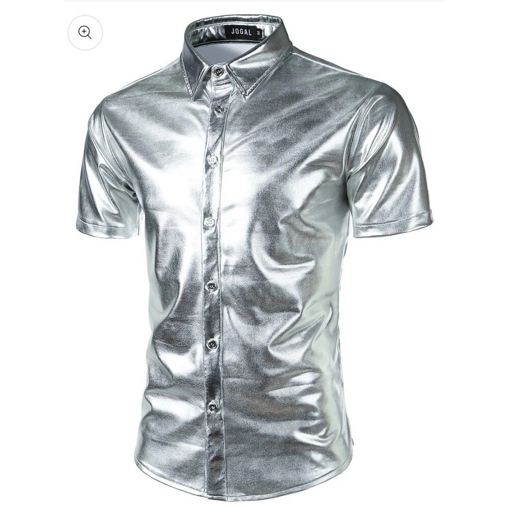 JOGAL Men's Silver Metallic Shiny Club Shirt Short Sleeve XL Rave Festival Party